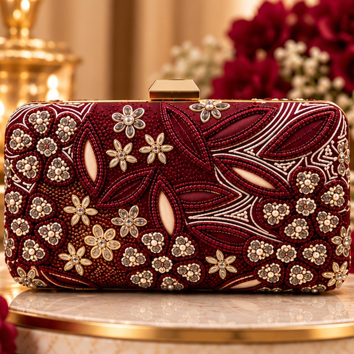 01_front_product_view Maroon Floral Embroidered Clutch Bag - Image 1