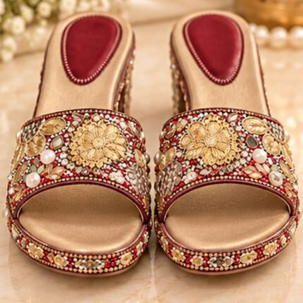 Maroon & Golden Bridal Embellished Ethnic Flats