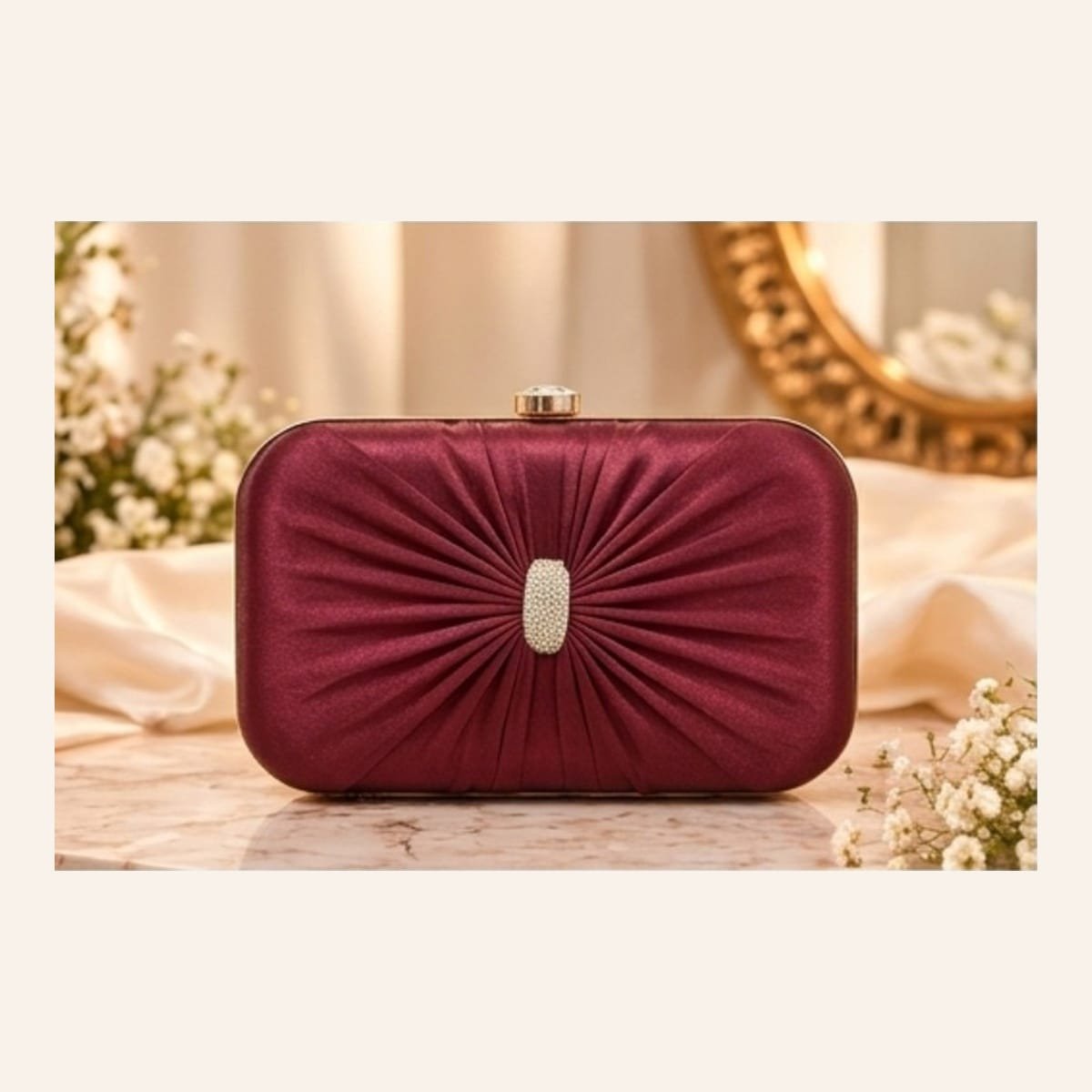 WhatsApp Image 2026-10-14 at 17.05.51 Maroon Satin Pleated Party Wear Clutch - Image 1