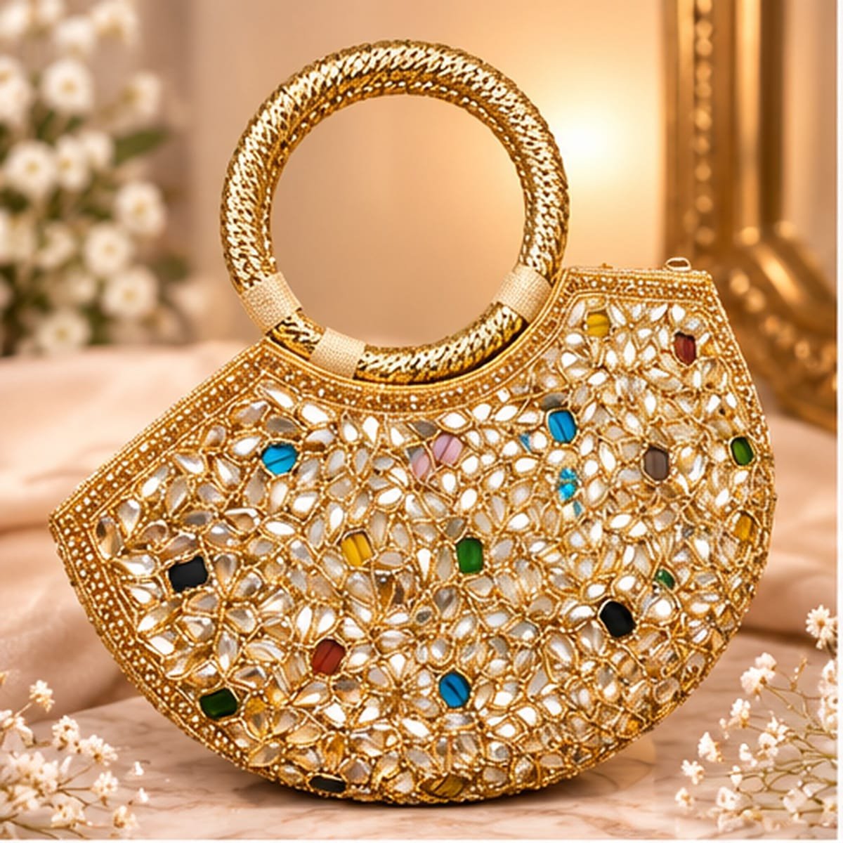 WhatsApp Image 2026-10-14 at 17.05.54 Royal Gold Multicolor Stone Embellished Handbag - Image 1